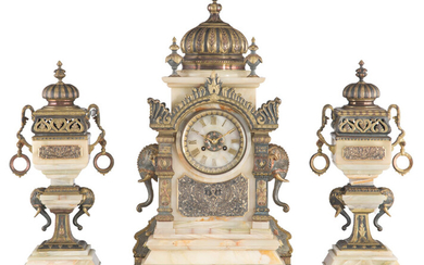 A French Three-Piece Orientalist Onyx and Patinated and Partial Gilt Bronze Clock Garniture (circa 1890)