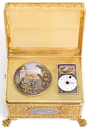 A GOLD AND ENAMEL AUTOMATON CASKET WITH TIMEPIECE, AUTOMATON AND MUSIC, 19TH CENTURY AND LATER
