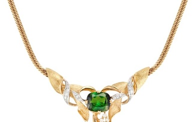 A GREEN TOURMALINE AND DIAMOND NECKLACE set with a cushion cut green tourmaline of approximately ...