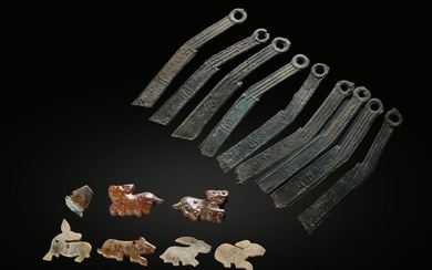 A GROUP OF 1ST TO 3RD CENTURIES HAN DYNASTY ANIMAL PIECES AND ANCIENT SWORD COINS
