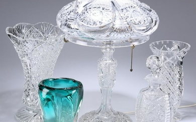 A GROUP OF GLASS, comprising a cut-glass mushroom lamp