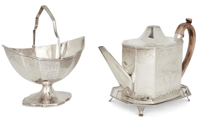 A George III silver teapot, stand and sugar bowl, London, Crispin Fuller, the teapot and stand 1792, the sugar 1794, the teapot designed with octagonal body, panelled spout and wooden handle, the boat-shaped sugar with reeded swing handle and...