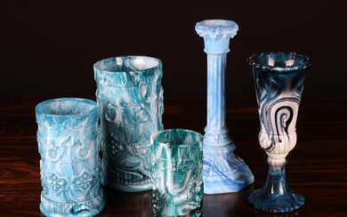 A Group of Malachite Slag Glass: A Davidson marbled teal pedestal-footed vase, 7'' (18 cm) in height