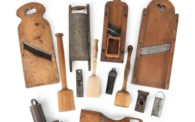 A Group of Wood and Tin Graters, Slicers and Pounders