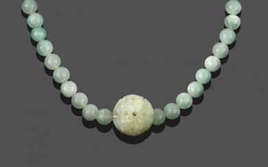 A Jade Necklace, sixty-six spherical jade beads with a larger...