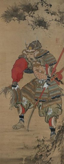 A Japanese Painting Depicting a Foot Soldier Framed 75