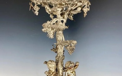 A LARGE 19TH C. FIGURAL SILVER PLATED CENTREPIECE WITH BACCARAT