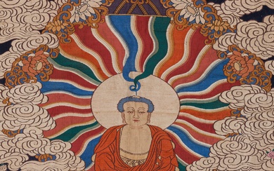 A LARGE IMPERIAL AND INSCRIBED SILK EMBROIDERED THANGKA OF BUDDHA, KANGXI TO QIANLONG PERIOD