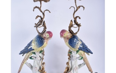 A LARGE PAIR OF CONTINENTAL PORCELAIN ORMOLU AND BRONZE PARR...