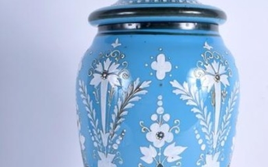 A LARGE VICTORIAN WHITE ENAMELLED OPALINE GLASS OIL