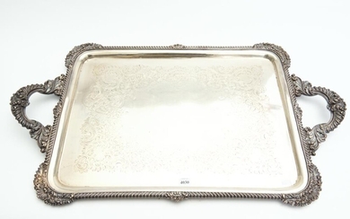 A LATE VICTORIAN RECTANGULAR STERLING SILVER TWO HANDLED TRAY, JAMES DIXON & SONS, SHEFFIELD, 1897, APPROXIMATELY 4,689 GMS TOTAL WE...