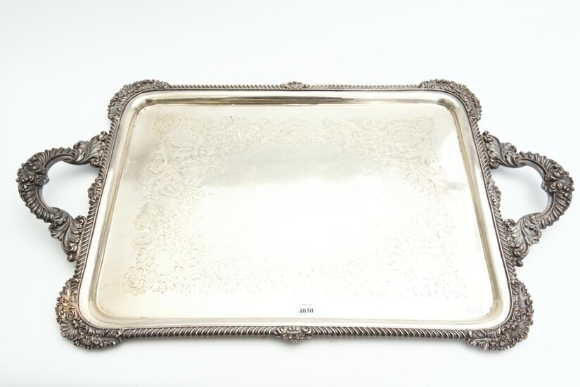 A LATE VICTORIAN RECTANGULAR STERLING SILVER TWO HANDLED TRAY, JAMES DIXON & SONS, SHEFFIELD, 1897, APPROXIMATELY 4,689 GMS TOTAL WE...