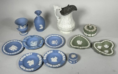 A LOT OF WEDGEWOOD JASPERWARE AND A SALT GLAZED SYRUP, 7" TALL