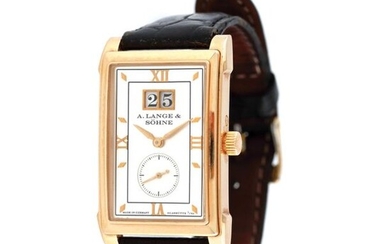 A. Lange & Sohne Cabaret, gold, men, 2010, rose gold 18 k, 36,3 x 25,5 mm, 65 g (gross) / Watch A. Men's gold Lange & Sohne Cabaret wristwatch, reference 170.032, with automatic movement, glazed back. Rectangular silver dial, with register for seconds...