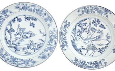 A Matched Pair of Chinese Blue and White Porcelain 'Deer' Dishes