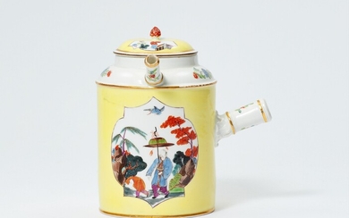 A Meissen porcelain chocolate pot with yellow ground and chinoiseries