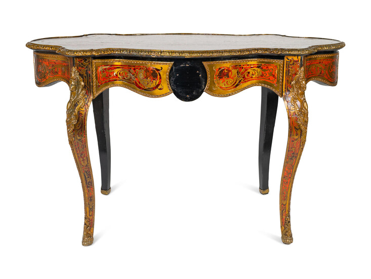 A Napoleon III Style Brass and Tortoise Shell Inlaid Center Table