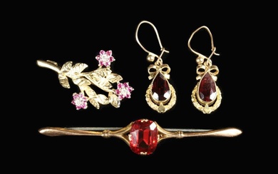 A Nine Carat Gold Bar Brooch set with a red cushion cut gem stone. A pair of nine carat gold drop ea