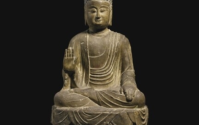 A PAINTED WHITE MARBLE FIGURE OF BUDDHA, TANG DYNASTY (AD 618-907)