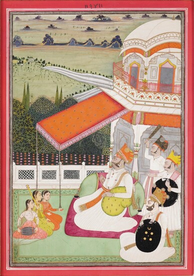 A PAINTING OF MAHARAJA SHRI GAJ SINGH ON A TERRACE LISTENING TO LADY MUSICIANS, INDIA, RAJASTHAN, JODHPUR OR BIKANER, 1797