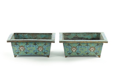 A PAIR OF 19TH CENTURY CHINESE CLOISONNÉ PLANTERS with flora...