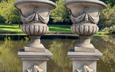 A PAIR OF CARVED LIMESTONE GARDEN URNS, LATE 20TH CENTURY