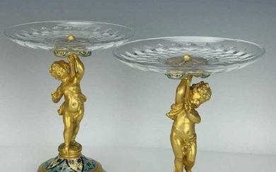 A PAIR OF CHAMPLEVE ENAMEL & BACCARAT GLASS TAZZAS