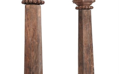 A PAIR OF INDIAN CARVED HARDWOOD COLUMN LAMPS
