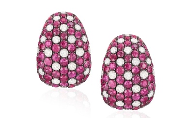 A PAIR OF RUBY AND DIAMOND EARRINGS Of bombé design, each p...
