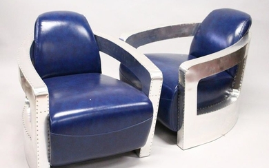 A PAIR OF STYLISH ART DECO STYLE BLUE LEATHER