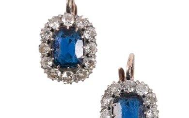 A PAIR OF SYNTHETIC SAPPHIRE AND DIAMOND CLUSTER EARRINGS e...
