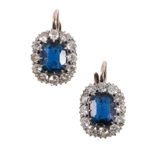 A PAIR OF SYNTHETIC SAPPHIRE AND DIAMOND CLUSTER EARRINGS e...