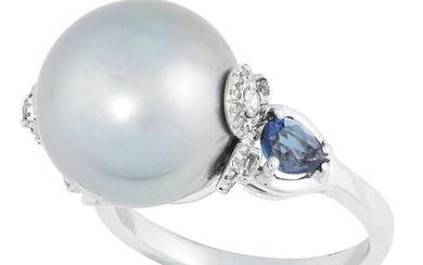 A PEARL, SAPPHIRE AND DIAMOND RING set with a central