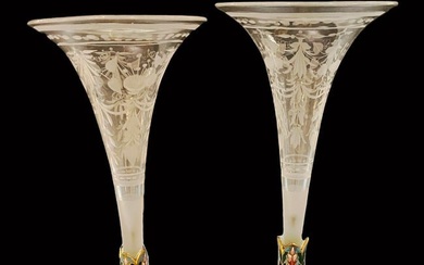 A Pair Of 19th C. Figural Champleve Bronze $ Baccarat Crystal Candlesticks