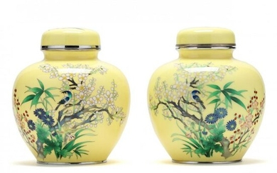 A Pair of Japanese Yellow Ground Cloisonne Jars with