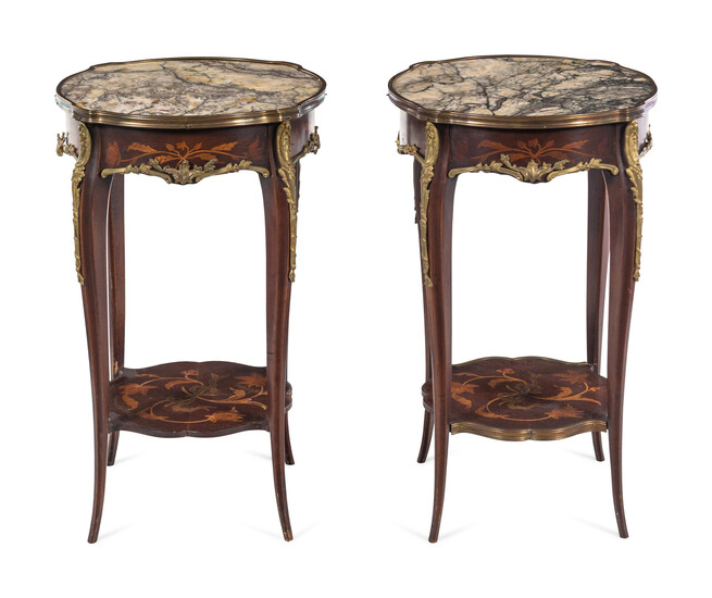 A Pair of Louis XV Style Gilt Bronze Mounted Marquetry Marble-Top Side Tables