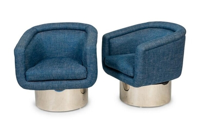 A Pair of Mid-Century Chrome and Upholstered Swivel