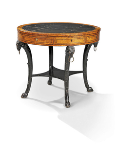 A REGENCY BRASS LINE-INLAID YEW-WOOD AND EBONISED CENTRE TABLE, POSSIBLY BY MARSH AND TATHAM, CIRCA 1810