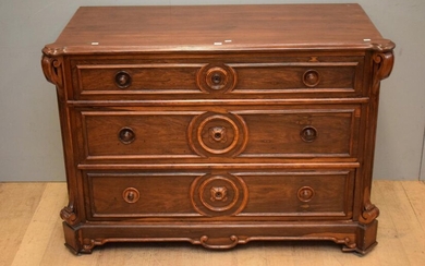 A ROSEWOOD LOUIS PHILLIPE STYLE THREE DRAWER COMMODE (84H X 122W X 59D CM)