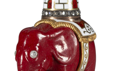 A Russian Imperial Diamond and Champleve Enameled Gold Mounted Purpurine Elephant