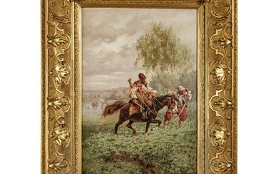A Russian oil painting of Cossacks in the field by
