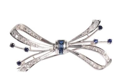 A SAPPHIRE AND DIAMOND BOW BROOCH the stems and tie with squ...