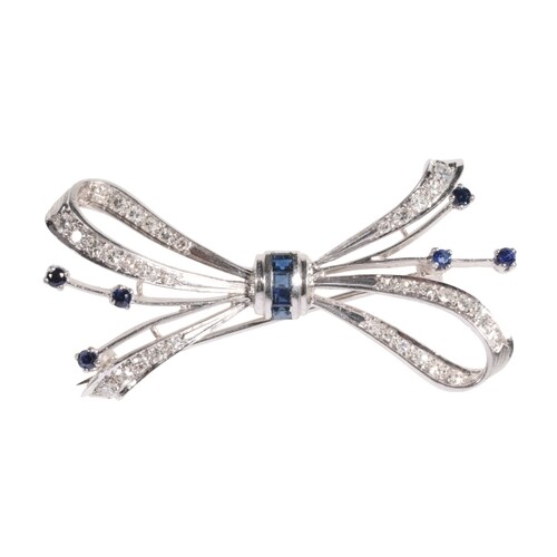 A SAPPHIRE AND DIAMOND BOW BROOCH the stems and tie with squ...