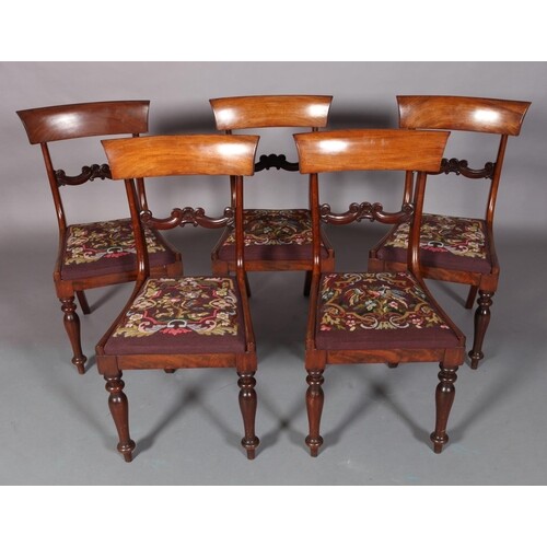A SET OF FIVE EARLY VICTORIAN MAHOGANY DINING CHAIRS with co...