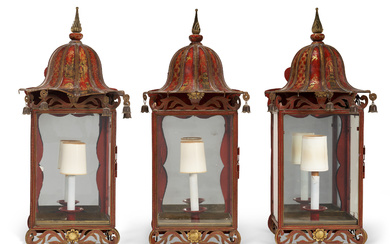 A SET OF FIVE REGENCY STYLE RED AND GILT JAPANNED...