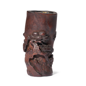 A SMALL CARVED ‘AGED PINE’ BAMBOO BRUSHPOT, QING DYNASTY, 17TH CENTURY