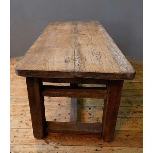 A SOLID PINE PLANK TOP WORK BENCH / RUSTIC TABLE ON WIDE SQU...