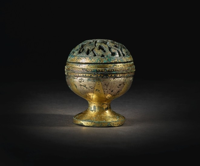 A SPLENDID AND RARE GOLD AND SILVER-INLAID BRONZE CENSER HAN DYNASTY
