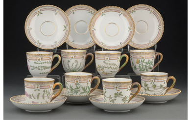 A Set of Eight Royal Copenhagen Flora Danica Pattern Tea Cups and Saucers (mid-20th century)