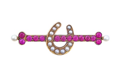 A Synthetic Ruby and Split Pearl Brooch a round cut...